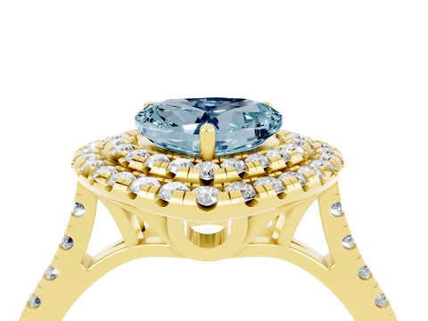 Yellow gold Double Halo Heart Cut Aquamarine Pavé Band with Four-Prong Setting_4