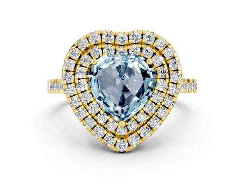 Yellow gold Double Halo Heart Cut Aquamarine Pavé Band with Four-Prong Setting
