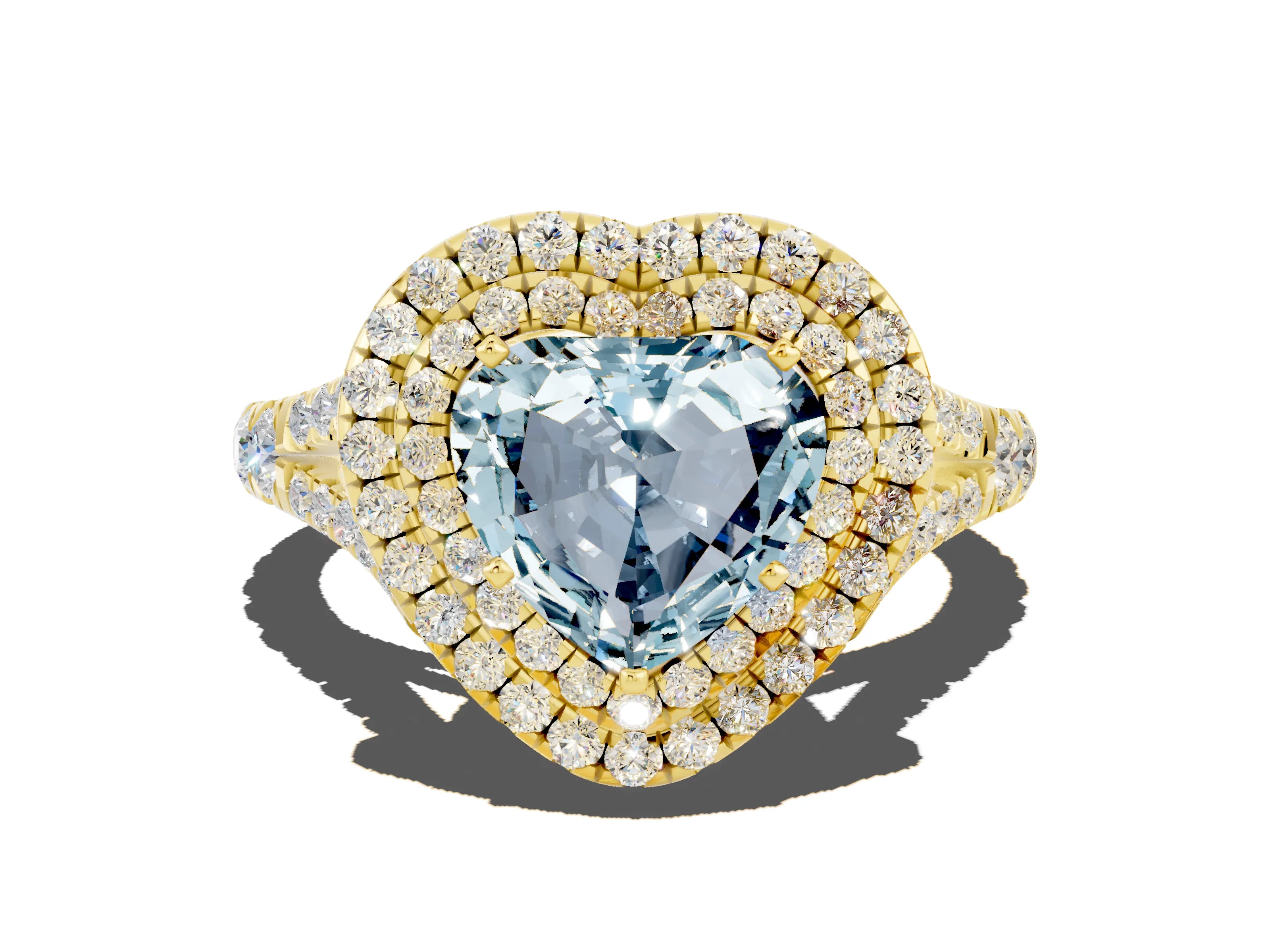 Yellow gold Double Halo Heart Cut Aquamarine Pavé Split Shank Ring with Prong Setting