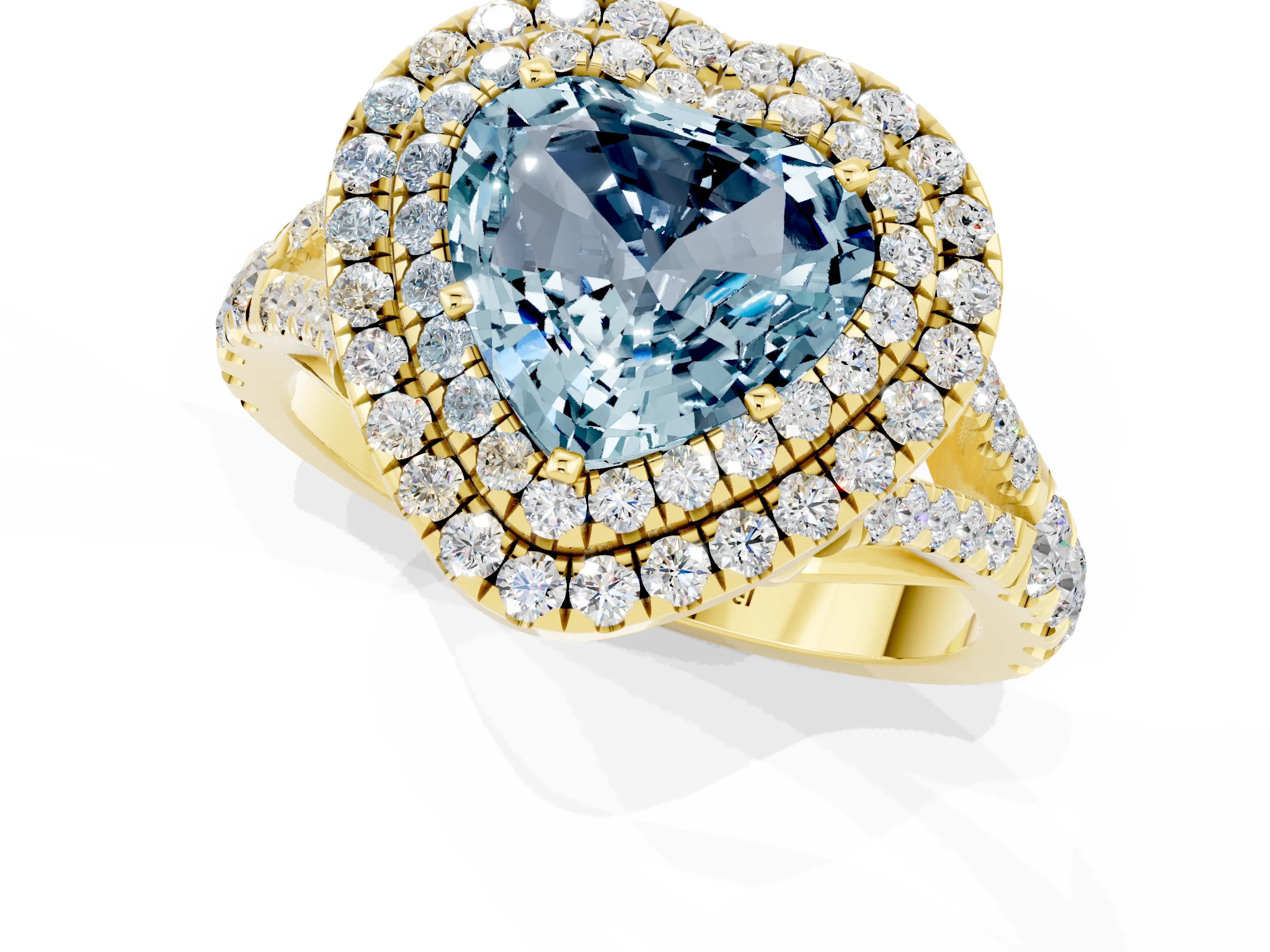 Yellow gold Double Halo Heart Cut Aquamarine Pavé Split Shank Ring with Prong Setting_1