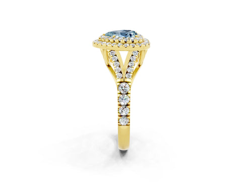 Yellow gold Double Halo Heart Cut Aquamarine Pavé Split Shank Ring with Prong Setting_2