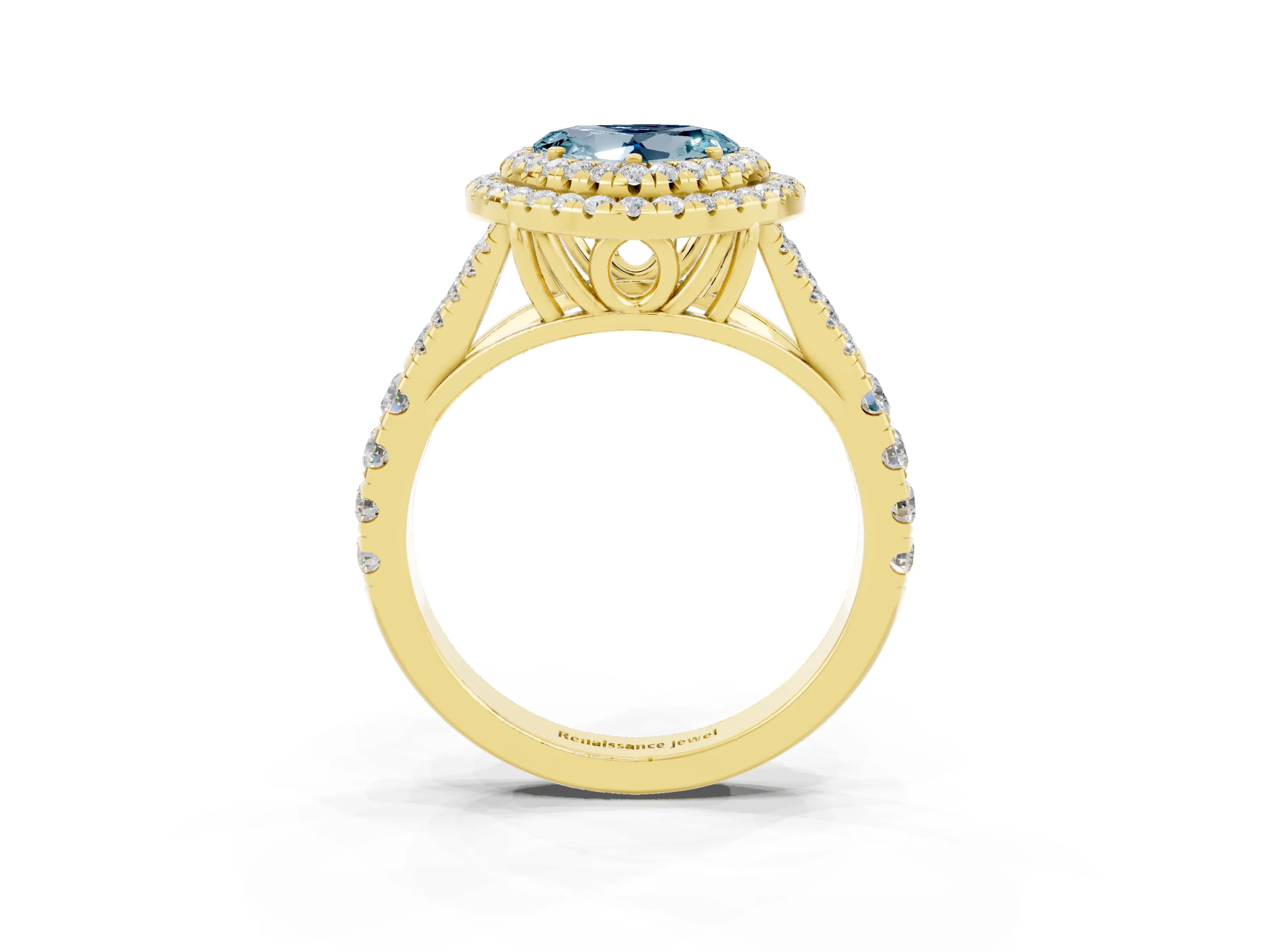 Yellow gold Double Halo Heart Cut Aquamarine Pavé Split Shank Ring with Prong Setting_3