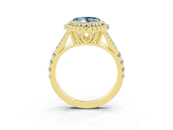 Yellow gold Double Halo Heart Cut Aquamarine Pavé Split Shank Ring with Prong Setting