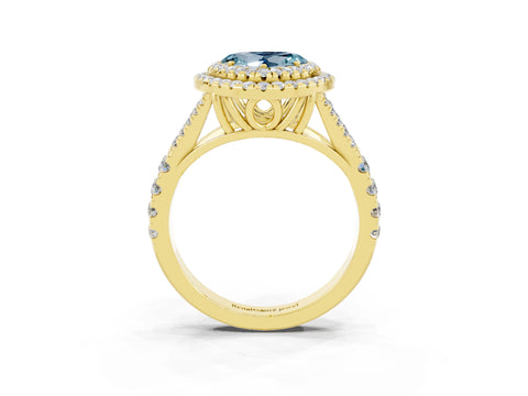 Yellow gold Double Halo Heart Cut Aquamarine Pavé Split Shank Ring with Prong Setting_3