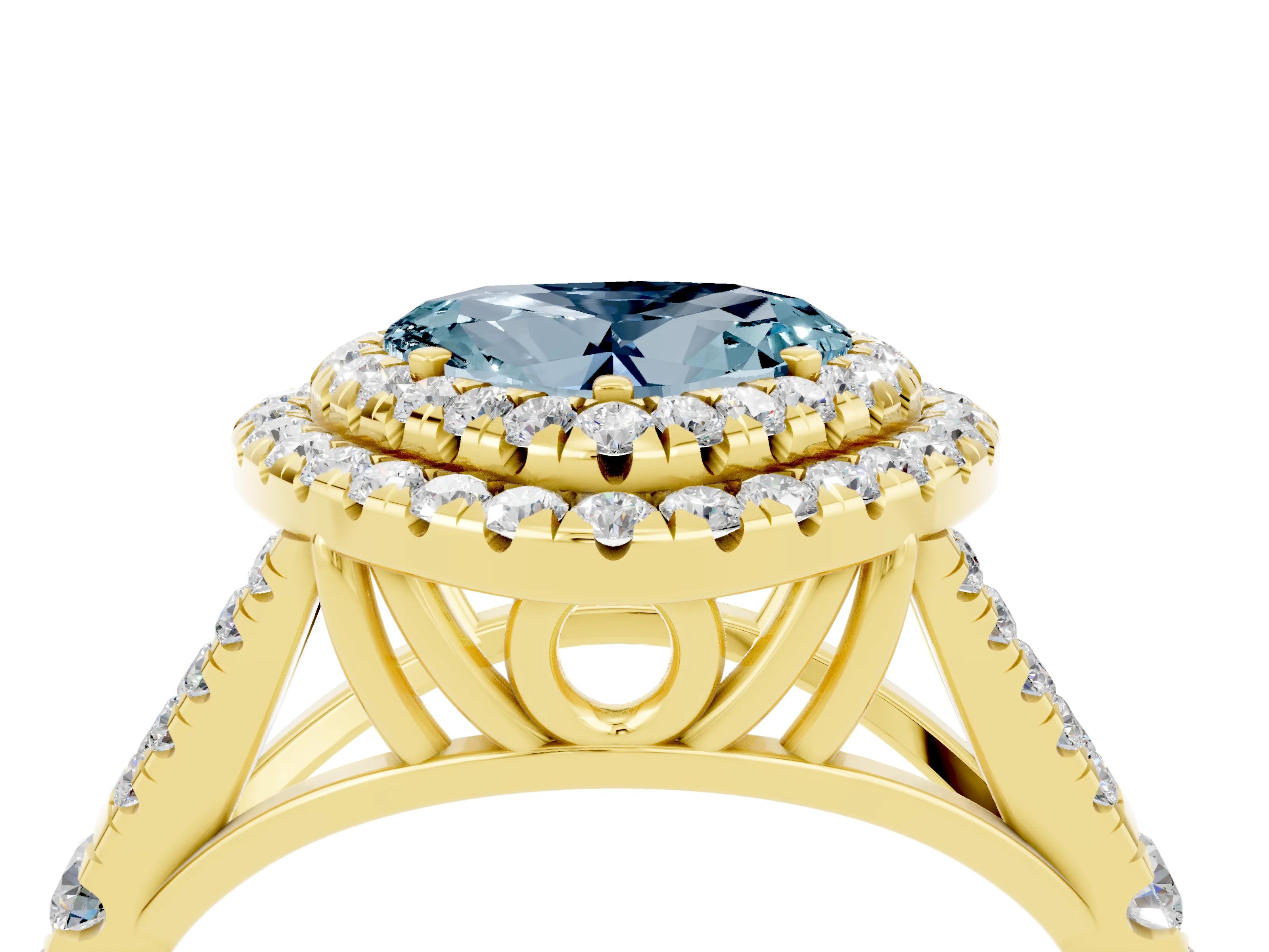 Yellow gold Double Halo Heart Cut Aquamarine Pavé Split Shank Ring with Prong Setting_4