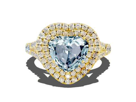 Yellow gold Double Halo Heart Cut Aquamarine Pavé Split Shank Ring with Prong Setting