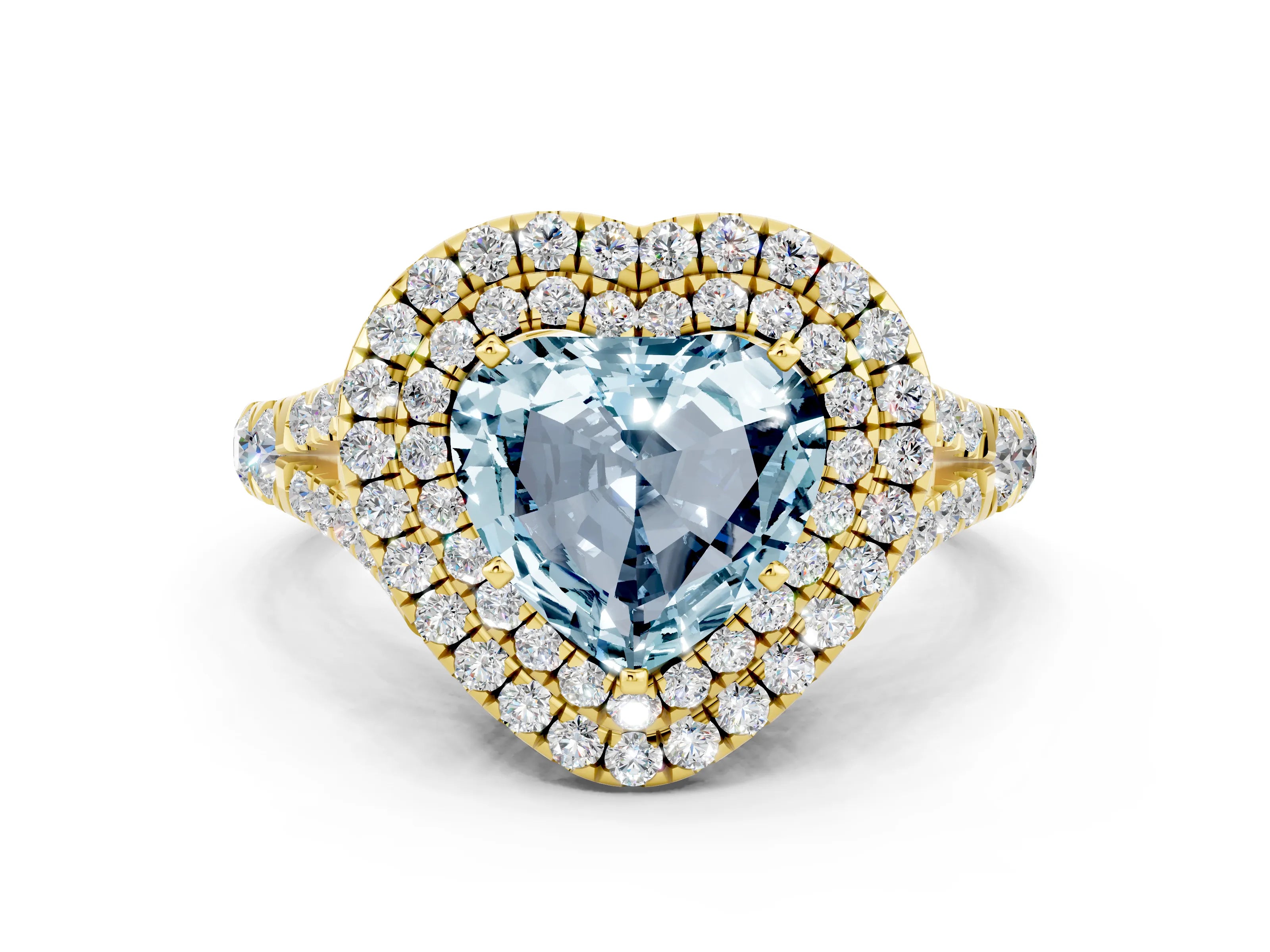 Yellow gold Double Halo Heart Cut Aquamarine Split Shank Engagement Ring with Four-Prong Setting