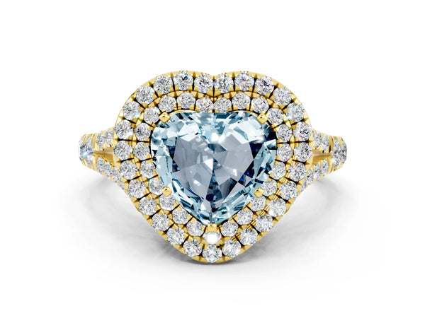 Yellow gold Double Halo Heart Cut Aquamarine Split Shank Engagement Ring with Four-Prong Setting