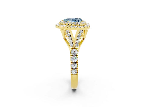 Yellow gold Double Halo Heart Cut Aquamarine Split Shank Engagement Ring with Four-Prong Setting_2