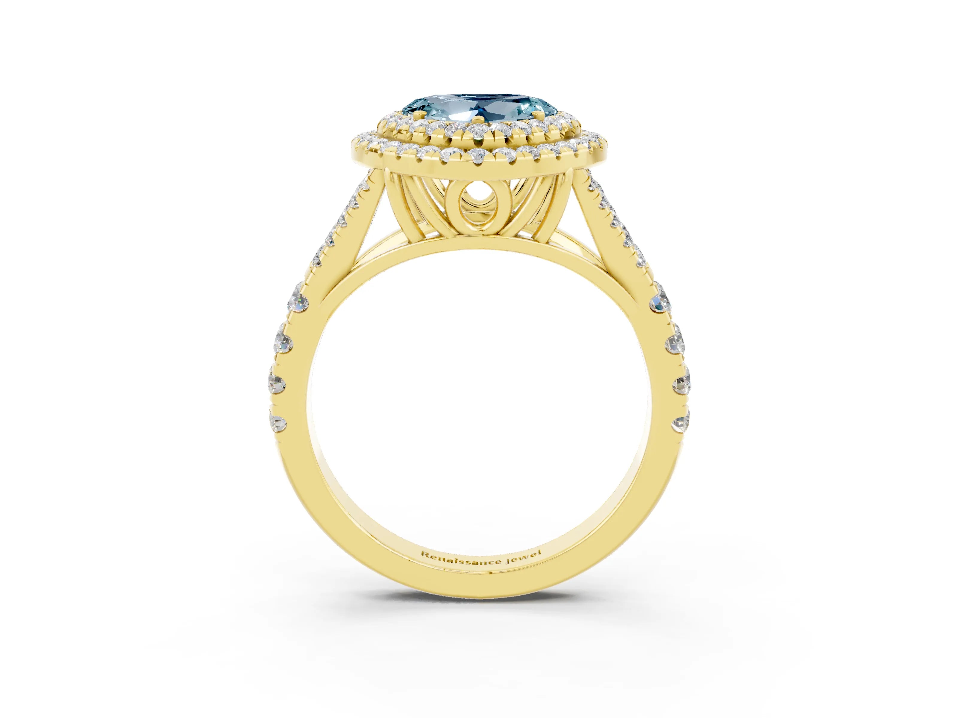 Yellow gold Double Halo Heart Cut Aquamarine Split Shank Engagement Ring with Four-Prong Setting_3