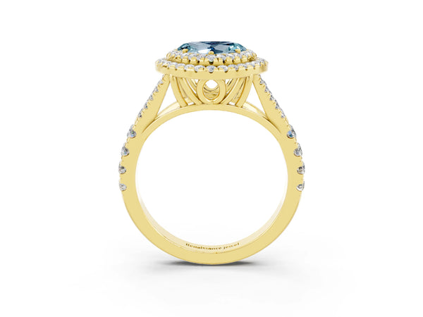 Yellow gold Double Halo Heart Cut Aquamarine Split Shank Engagement Ring with Four-Prong Setting