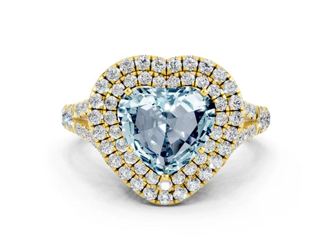 Yellow gold Double Halo Heart Cut Aquamarine Split Shank Engagement Ring with Four-Prong Setting