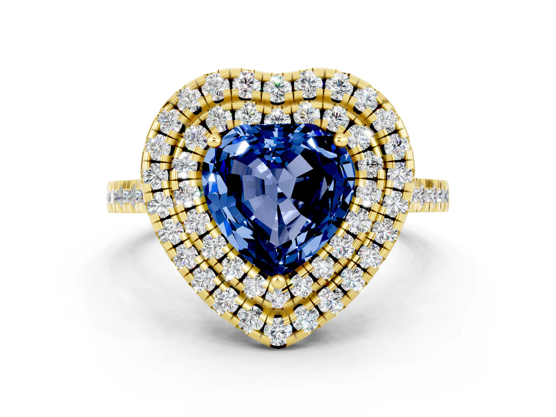 Yellow gold Double Halo Heart Cut Blue Sapphire Pavé Band with Four-Prong Setting