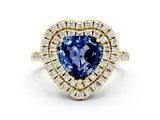 Yellow gold Double Halo Heart Cut Blue Sapphire Pavé Band with Four-Prong Setting