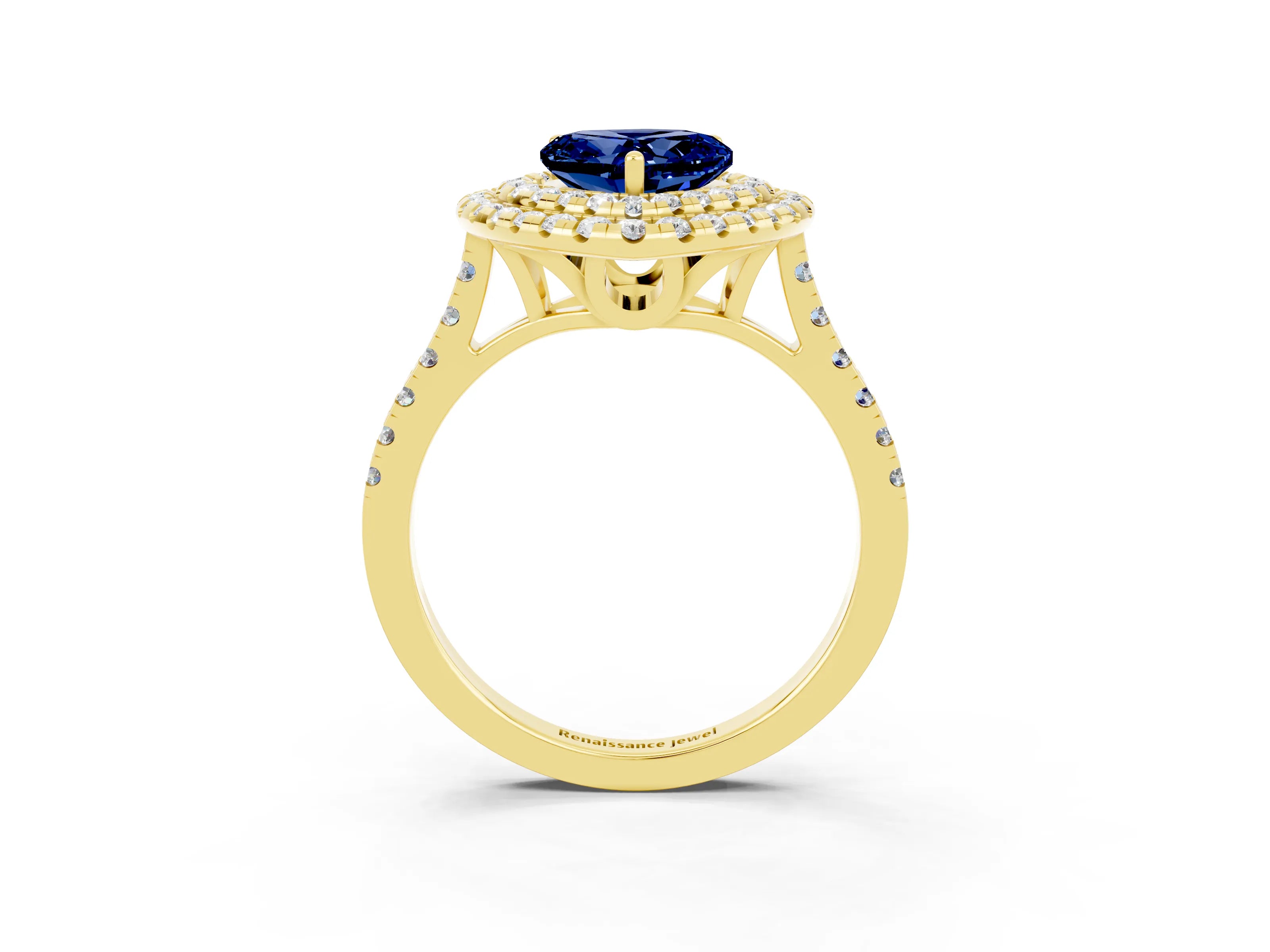Yellow gold Double Halo Heart Cut Blue Sapphire Pavé Band with Four-Prong Setting_3