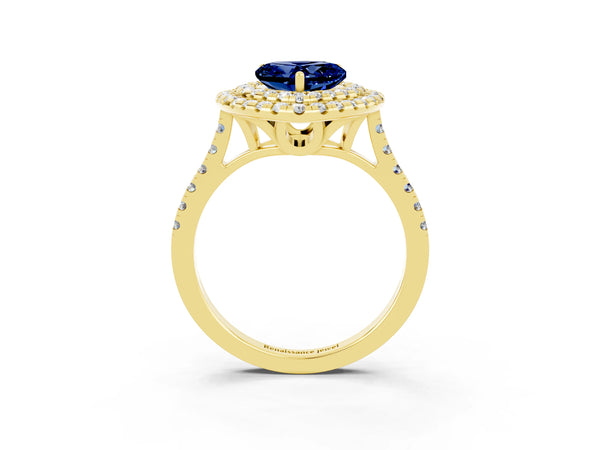 Yellow gold Double Halo Heart Cut Blue Sapphire Pavé Band with Four-Prong Setting
