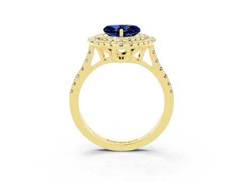 Yellow gold Double Halo Heart Cut Blue Sapphire Pavé Band with Four-Prong Setting_3