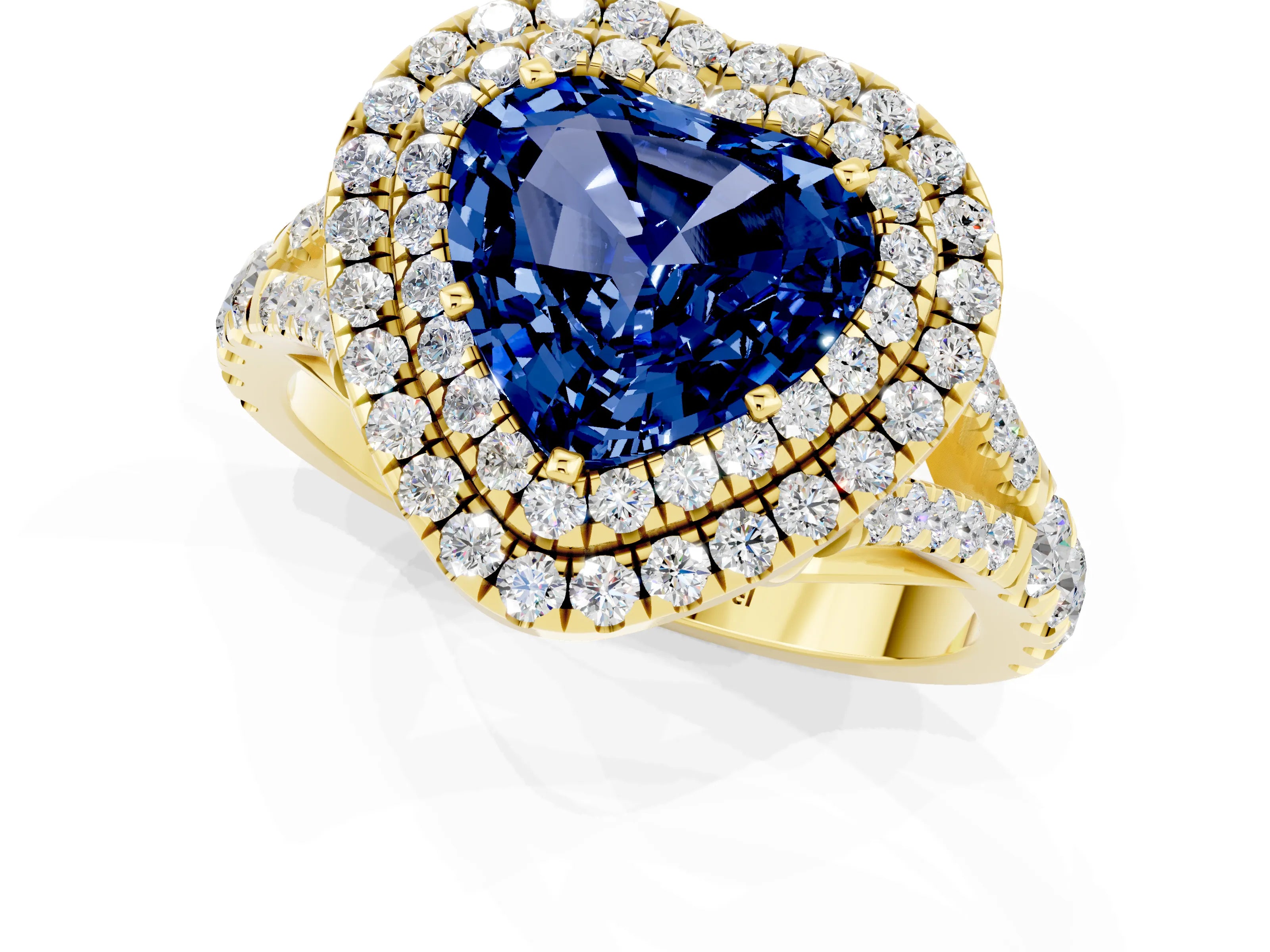 Yellow gold Double Halo Heart Cut Blue Sapphire Pavé Split Shank Ring with Prong Setting_1