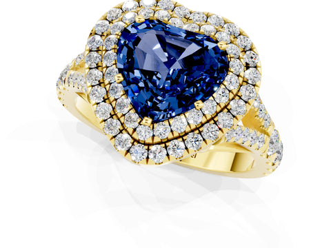 Yellow gold Double Halo Heart Cut Blue Sapphire Pavé Split Shank Ring with Prong Setting_1