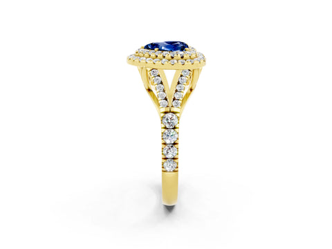 Yellow gold Double Halo Heart Cut Blue Sapphire Pavé Split Shank Ring with Prong Setting_2