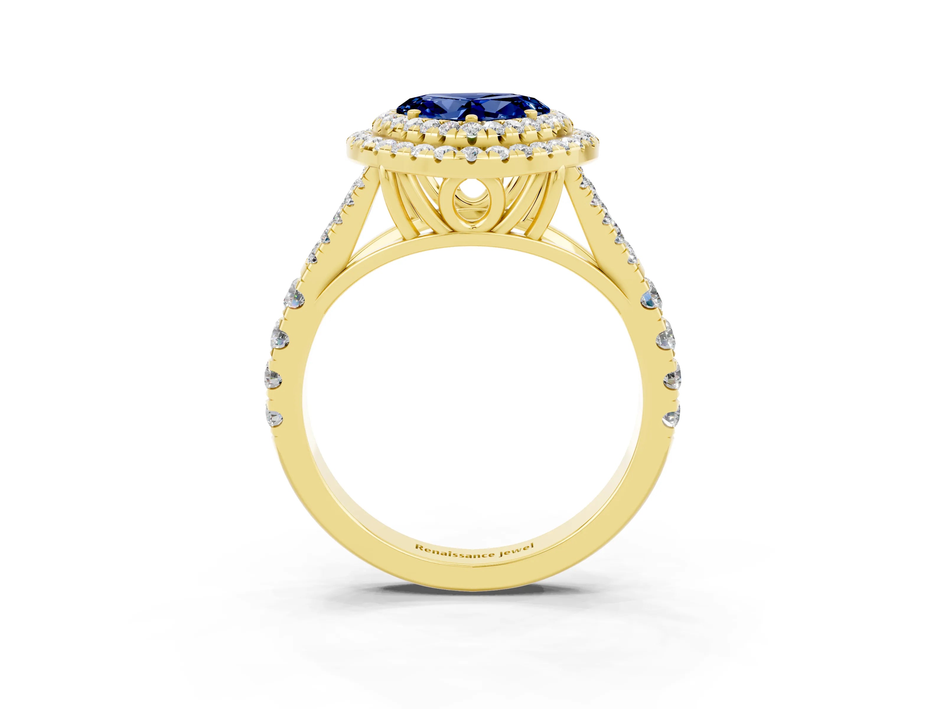 Yellow gold Double Halo Heart Cut Blue Sapphire Pavé Split Shank Ring with Prong Setting_3