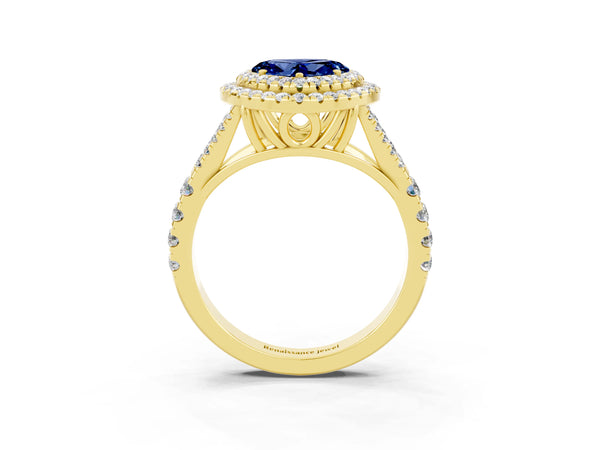 Yellow gold Double Halo Heart Cut Blue Sapphire Pavé Split Shank Ring with Prong Setting
