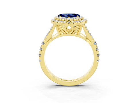 Yellow gold Double Halo Heart Cut Blue Sapphire Pavé Split Shank Ring with Prong Setting_3