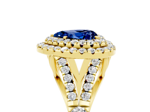 Yellow gold Double Halo Heart Cut Blue Sapphire Pavé Split Shank Ring with Prong Setting_5