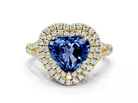 Yellow gold Double Halo Heart Cut Blue Sapphire Pavé Split Shank Ring with Prong Setting