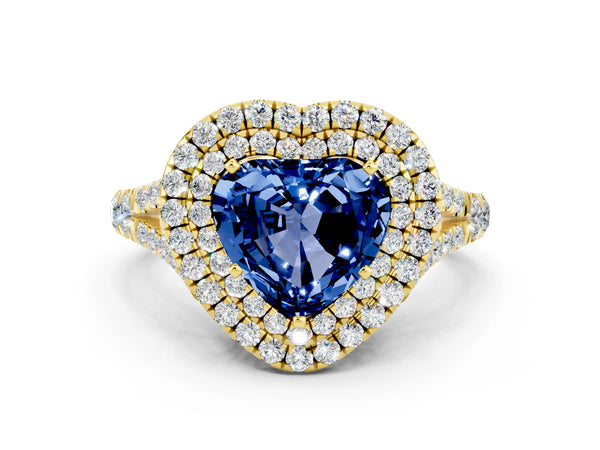 Yellow gold Double Halo Heart Cut Blue Sapphire Split Shank Engagement Ring with Four-Prong Setting