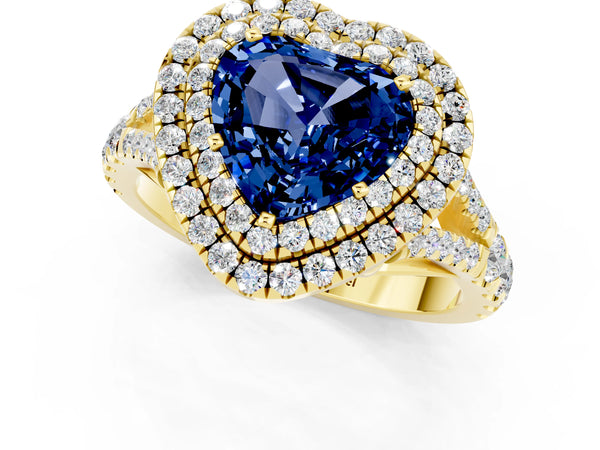 Yellow gold Double Halo Heart Cut Blue Sapphire Split Shank Engagement Ring with Four-Prong Setting
