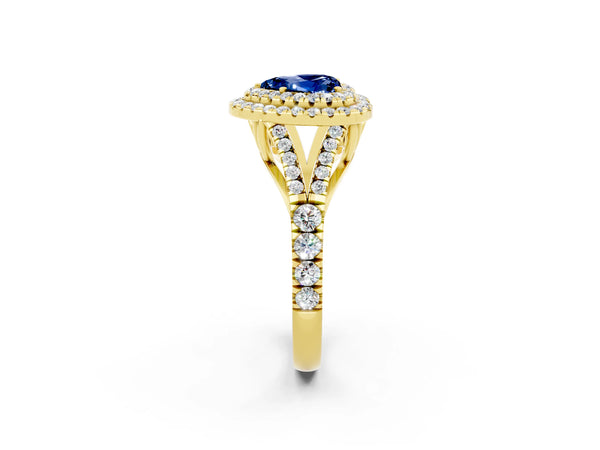 Yellow gold Double Halo Heart Cut Blue Sapphire Split Shank Engagement Ring with Four-Prong Setting