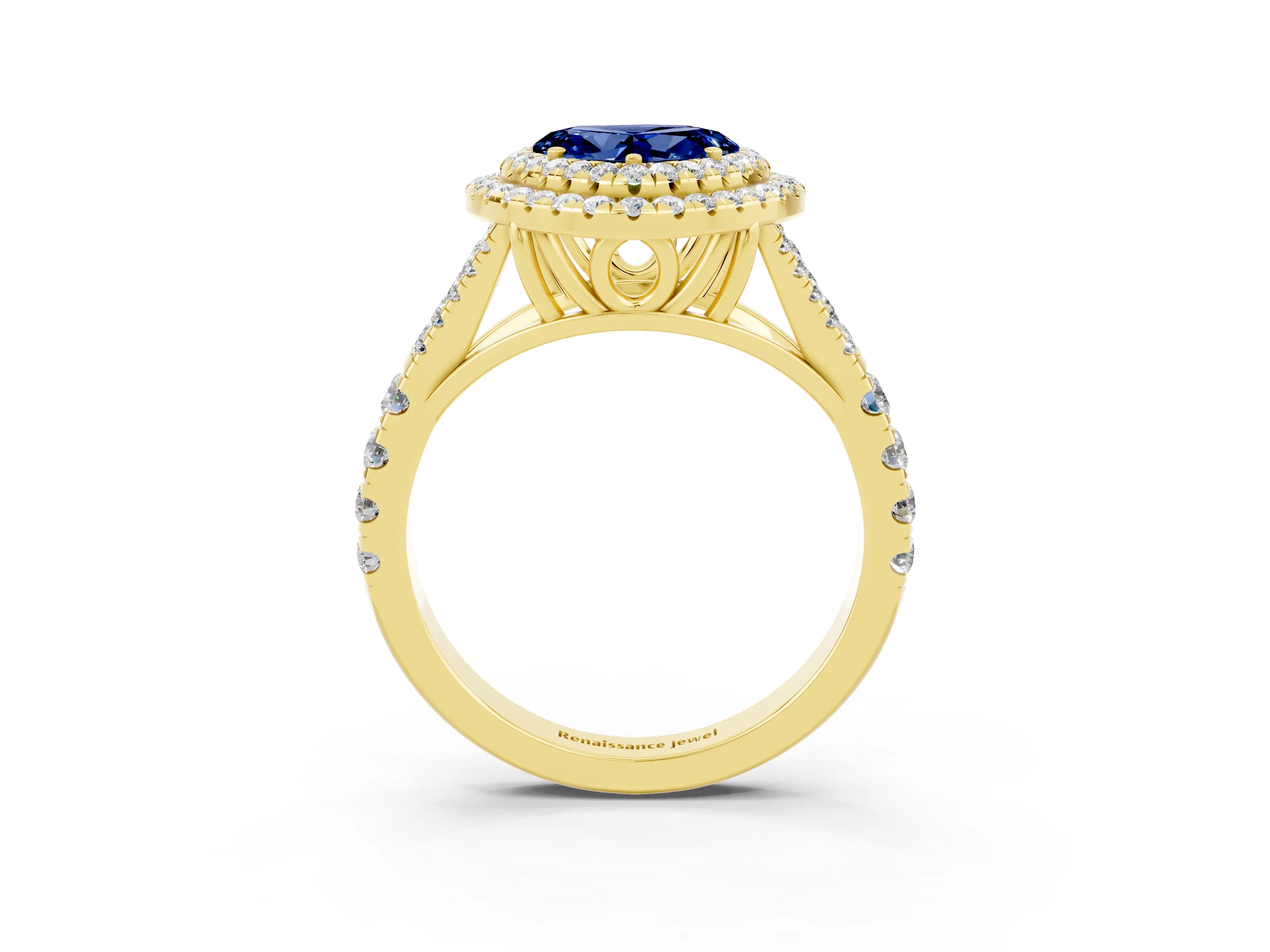 Yellow gold Double Halo Heart Cut Blue Sapphire Split Shank Engagement Ring with Four-Prong Setting_3