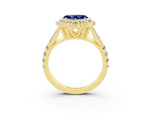 Yellow gold Double Halo Heart Cut Blue Sapphire Split Shank Engagement Ring with Four-Prong Setting