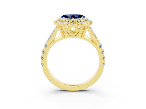 Yellow gold Double Halo Heart Cut Blue Sapphire Split Shank Engagement Ring with Four-Prong Setting_3