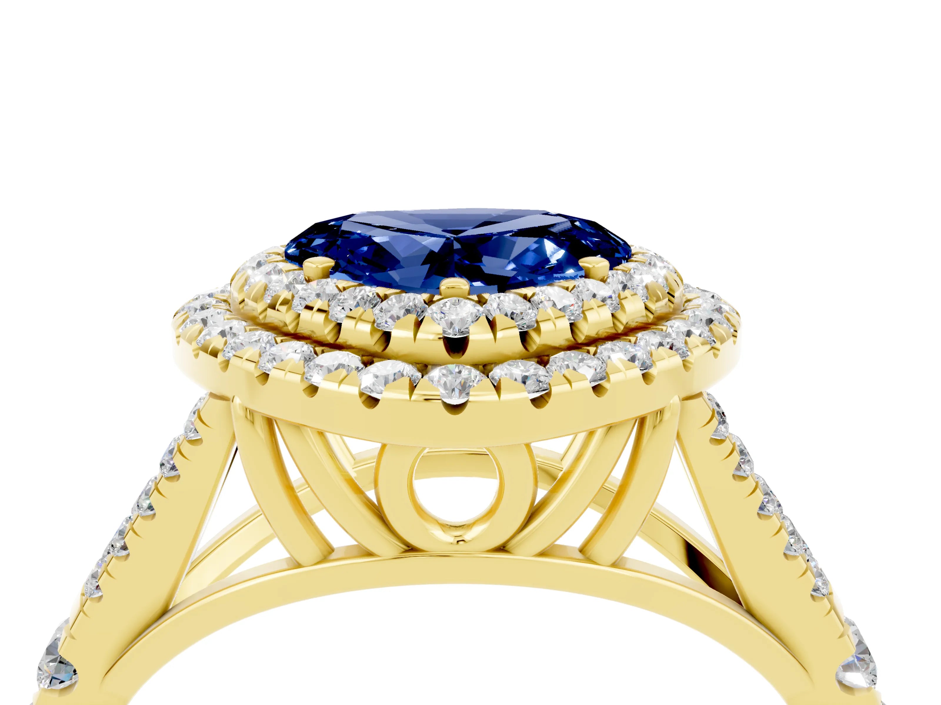 Yellow gold Double Halo Heart Cut Blue Sapphire Split Shank Engagement Ring with Four-Prong Setting_4