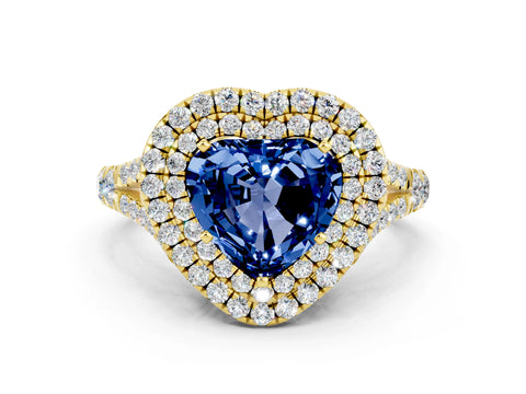 Yellow gold Double Halo Heart Cut Blue Sapphire Split Shank Engagement Ring with Four-Prong Setting