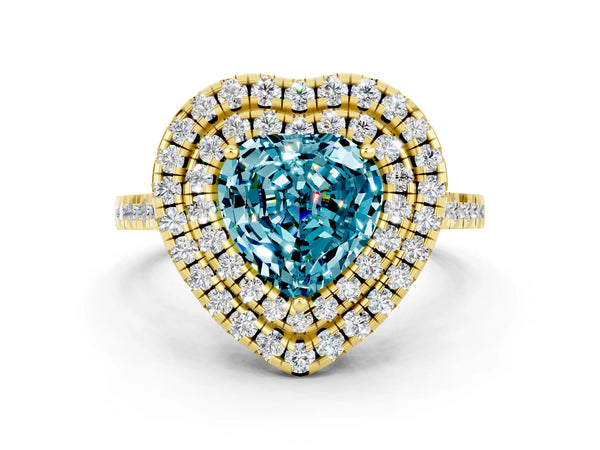 Yellow gold Double Halo Heart Cut Blue Topaz Pavé Band with Four-Prong Setting