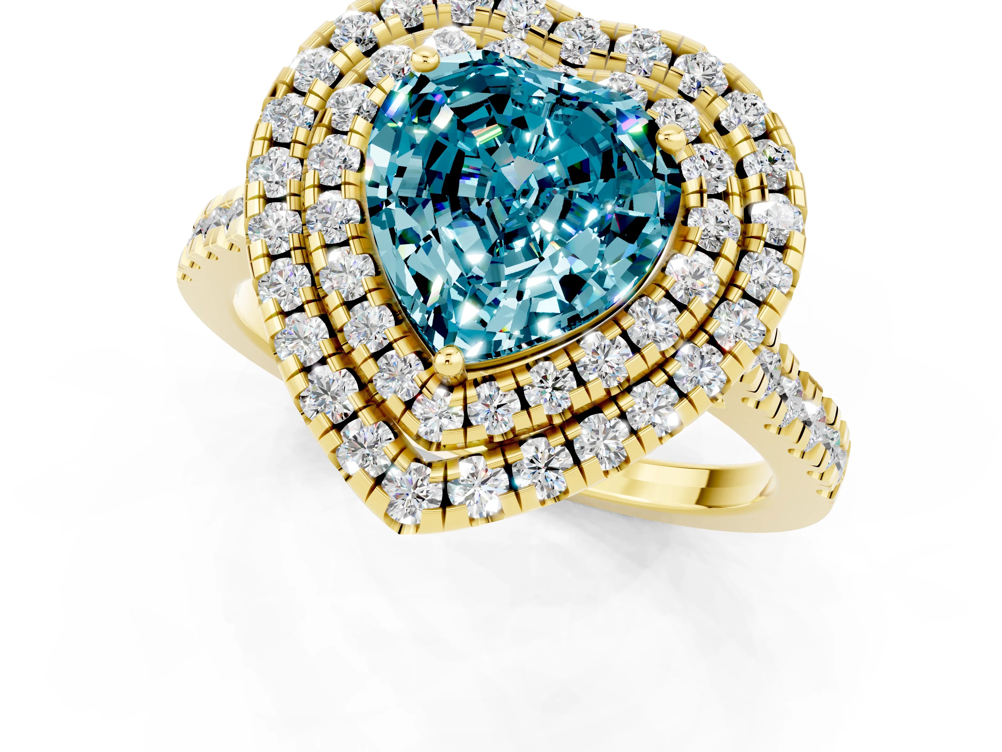 Yellow gold Double Halo Heart Cut Blue Topaz Pavé Band with Four-Prong Setting_1