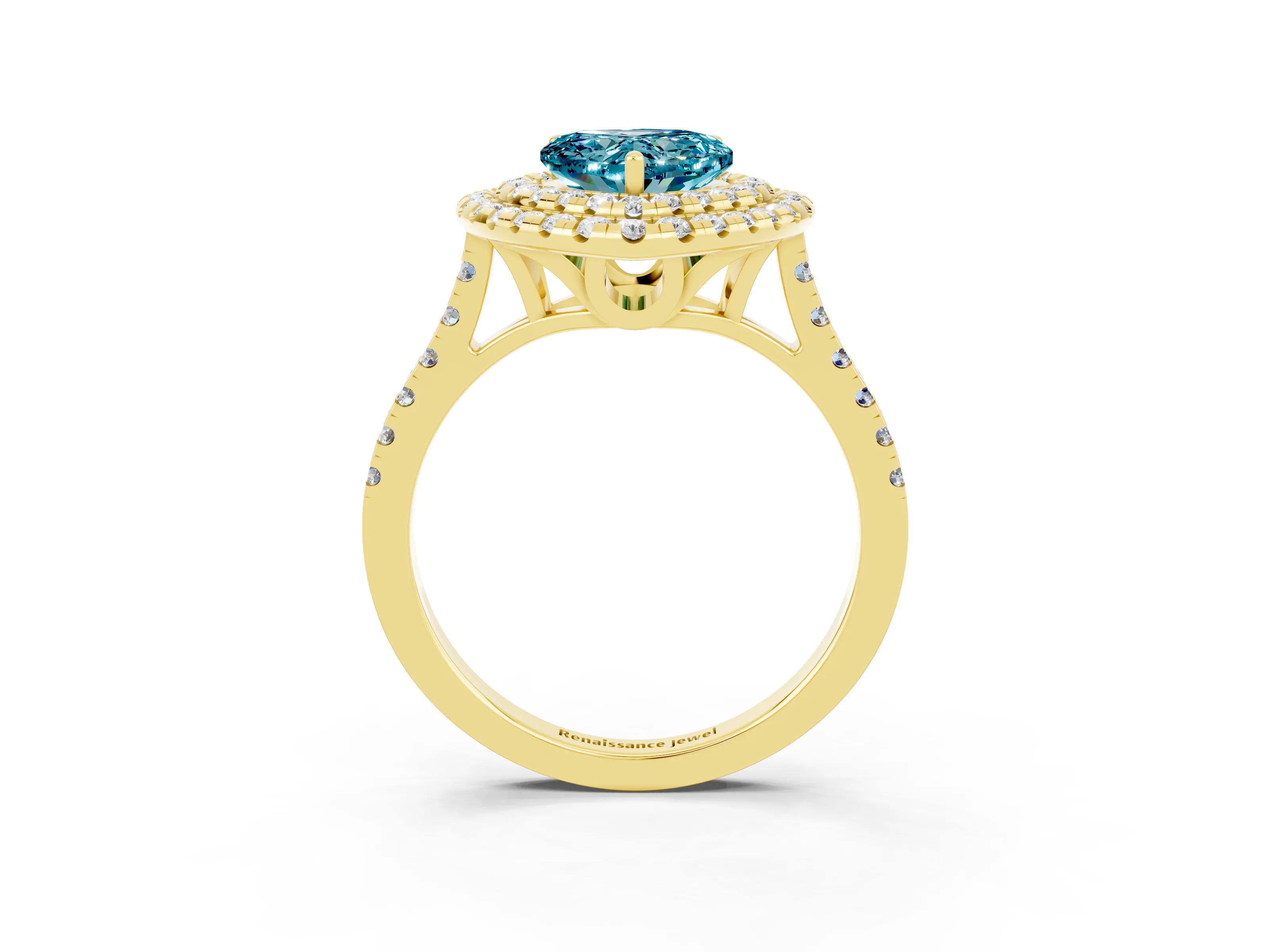 Yellow gold Double Halo Heart Cut Blue Topaz Pavé Band with Four-Prong Setting_3