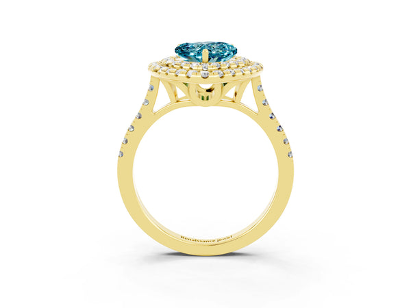 Yellow gold Double Halo Heart Cut Blue Topaz Pavé Band with Four-Prong Setting