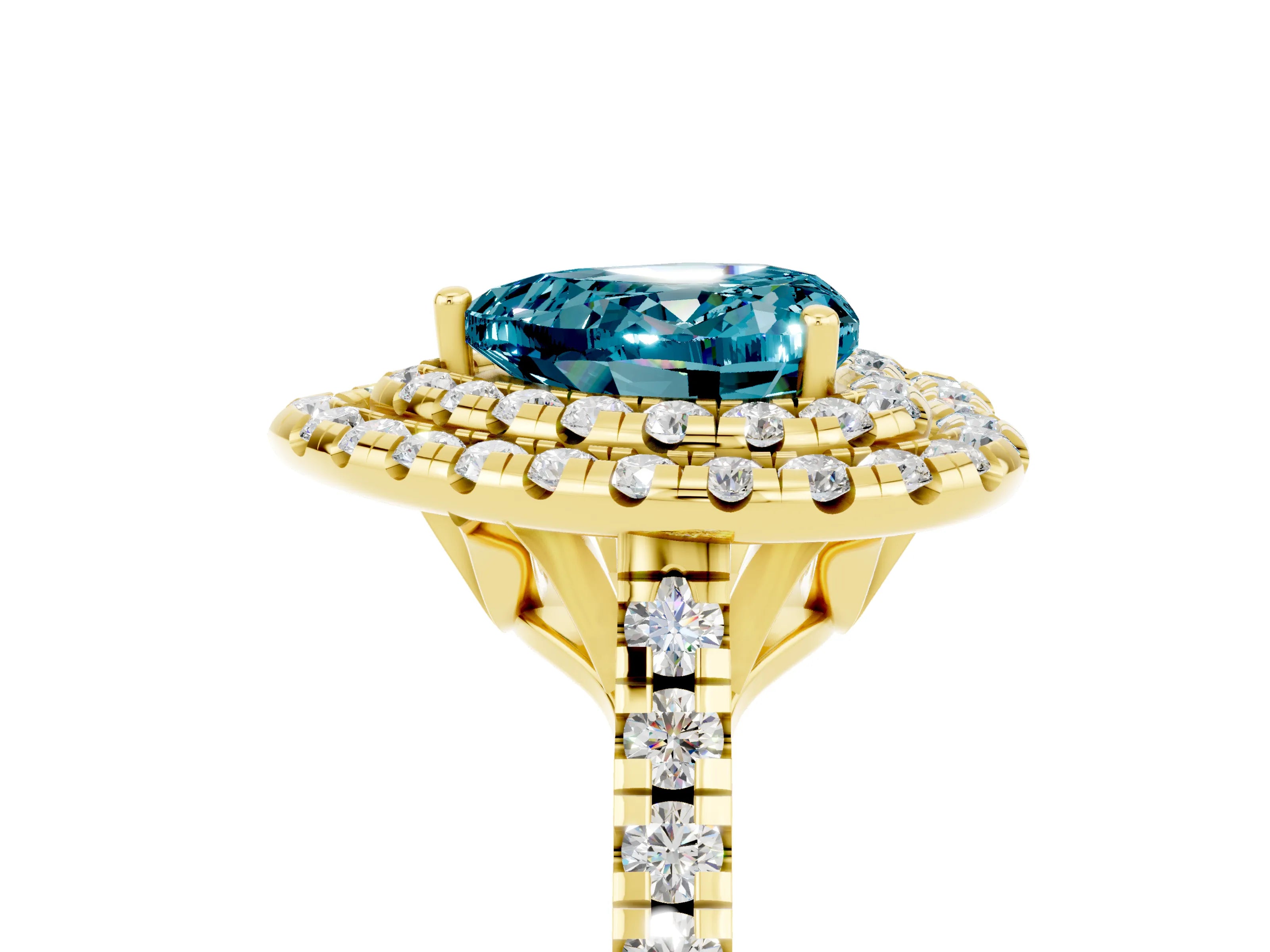Yellow gold Double Halo Heart Cut Blue Topaz Pavé Band with Four-Prong Setting_5