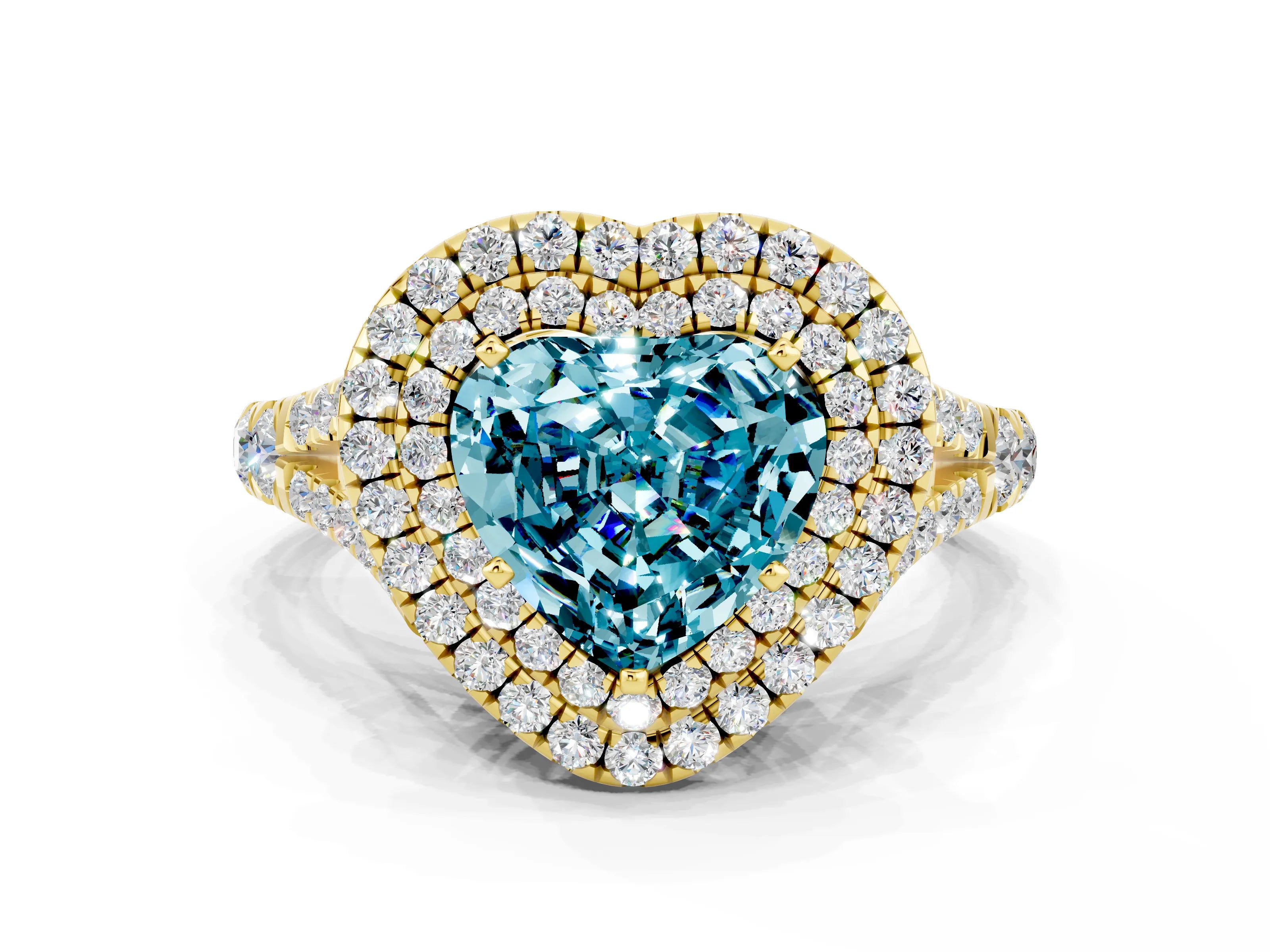 Yellow gold Double Halo Heart Cut Blue Topaz Pavé Split Shank Ring with Prong Setting