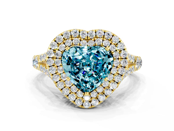 Yellow gold Double Halo Heart Cut Blue Topaz Pavé Split Shank Ring with Prong Setting