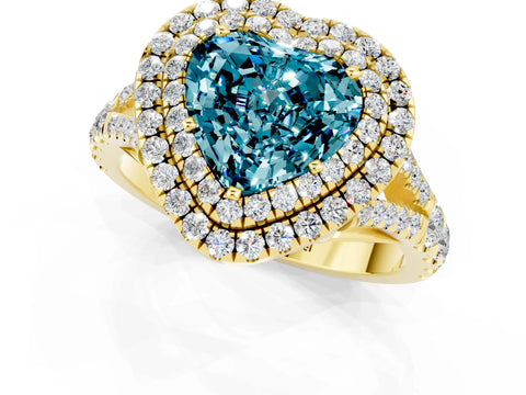 Yellow gold Double Halo Heart Cut Blue Topaz Pavé Split Shank Ring with Prong Setting_1