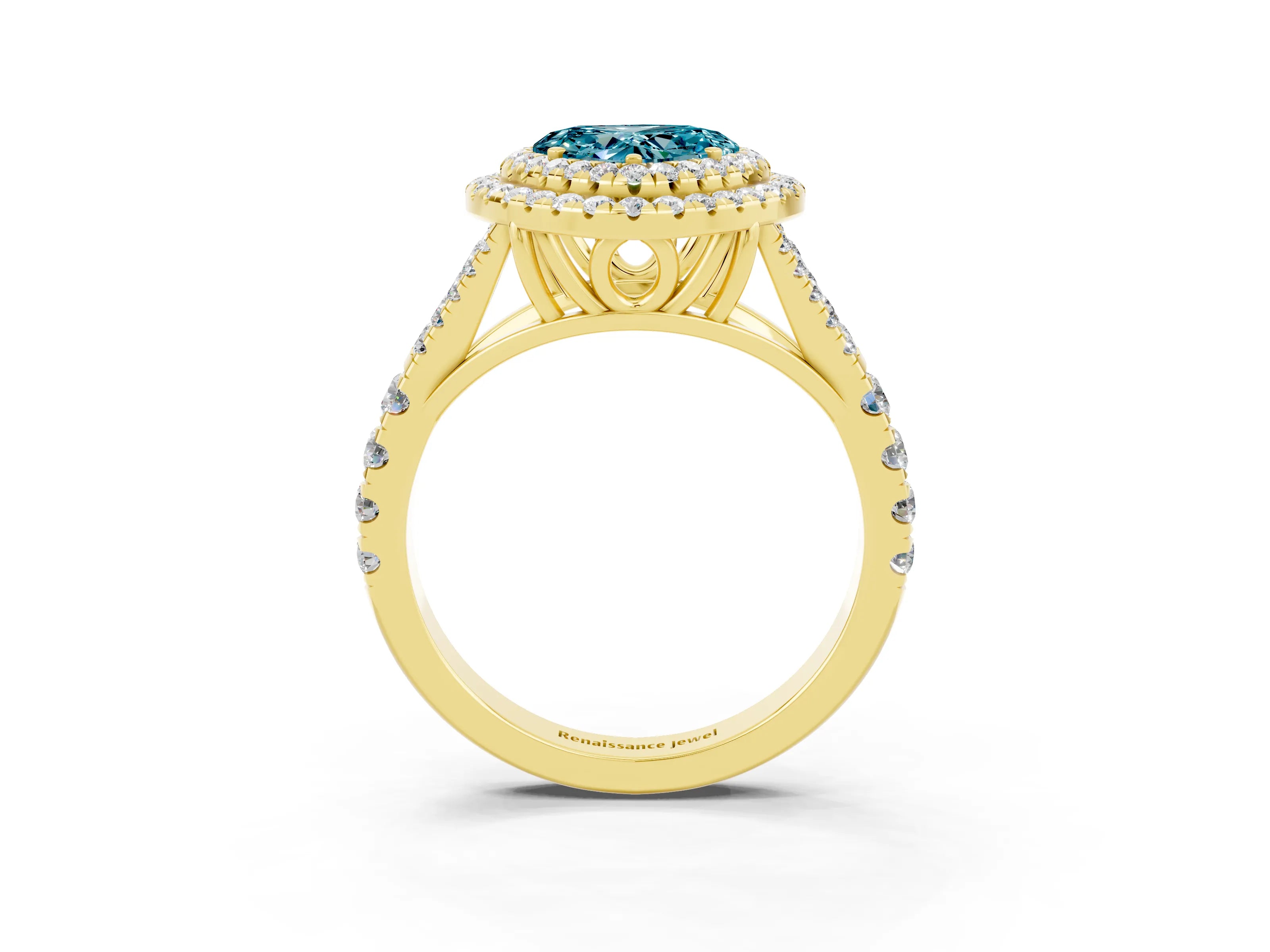 Yellow gold Double Halo Heart Cut Blue Topaz Pavé Split Shank Ring with Prong Setting_3