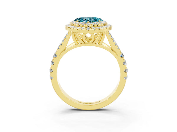 Yellow gold Double Halo Heart Cut Blue Topaz Pavé Split Shank Ring with Prong Setting