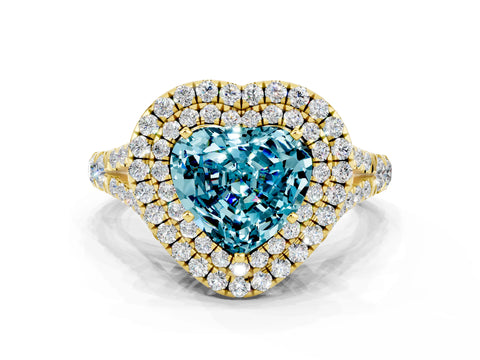 Yellow gold Double Halo Heart Cut Blue Topaz Pavé Split Shank Ring with Prong Setting