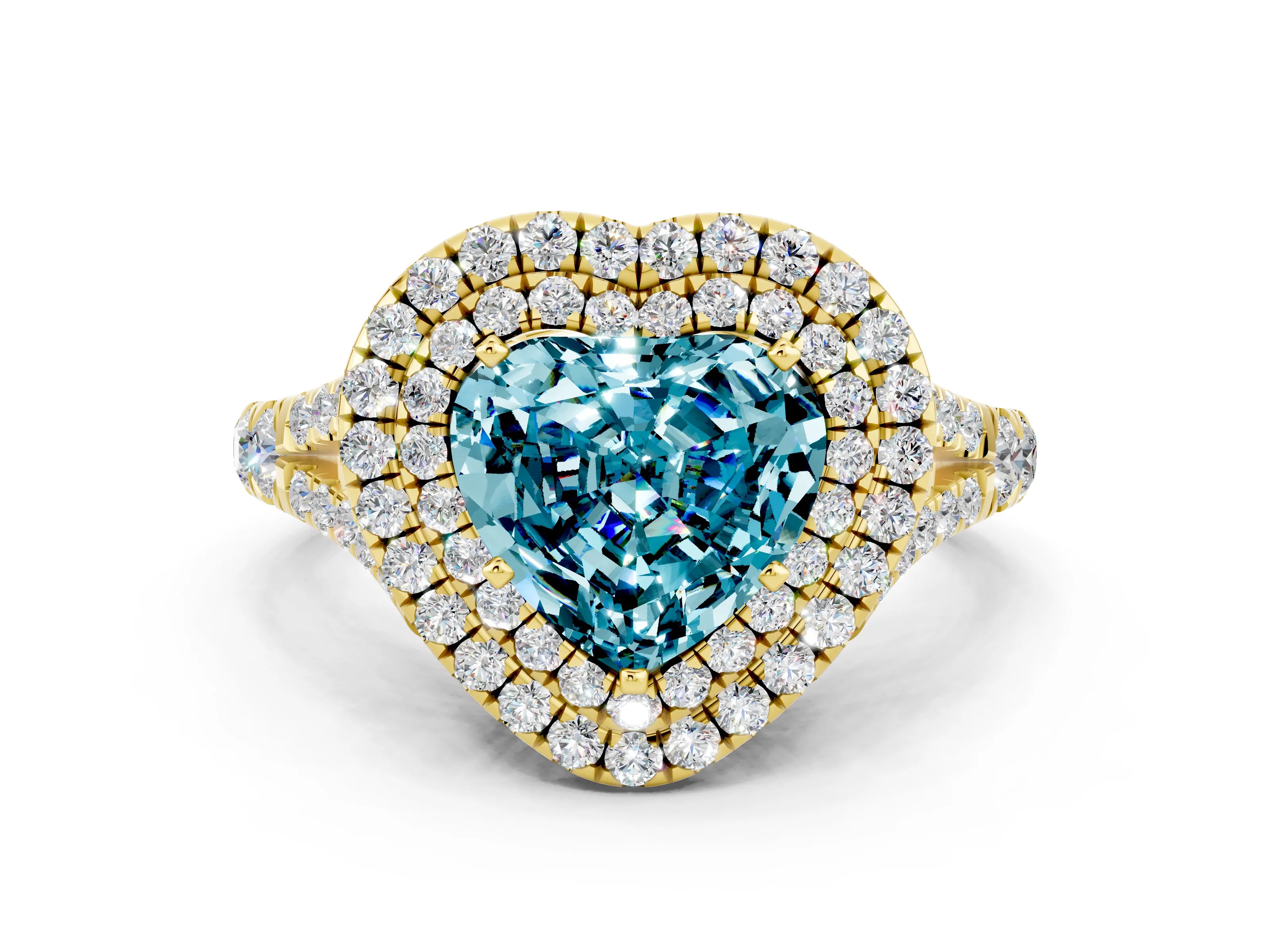 Yellow gold Double Halo Heart Cut Blue Topaz Split Shank Engagement Ring with Four-Prong Setting