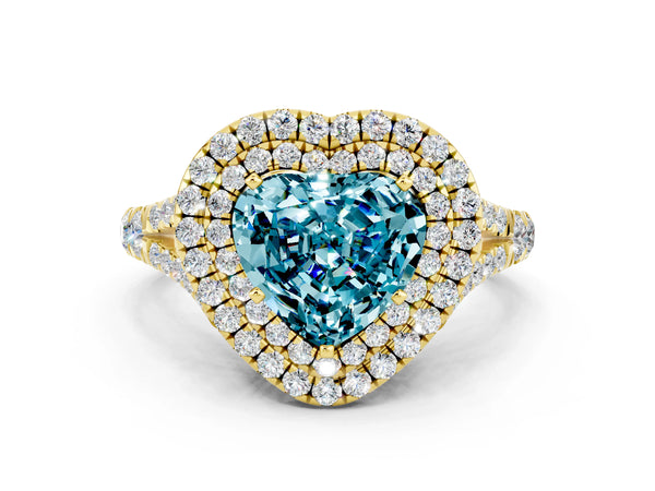 Yellow gold Double Halo Heart Cut Blue Topaz Split Shank Engagement Ring with Four-Prong Setting